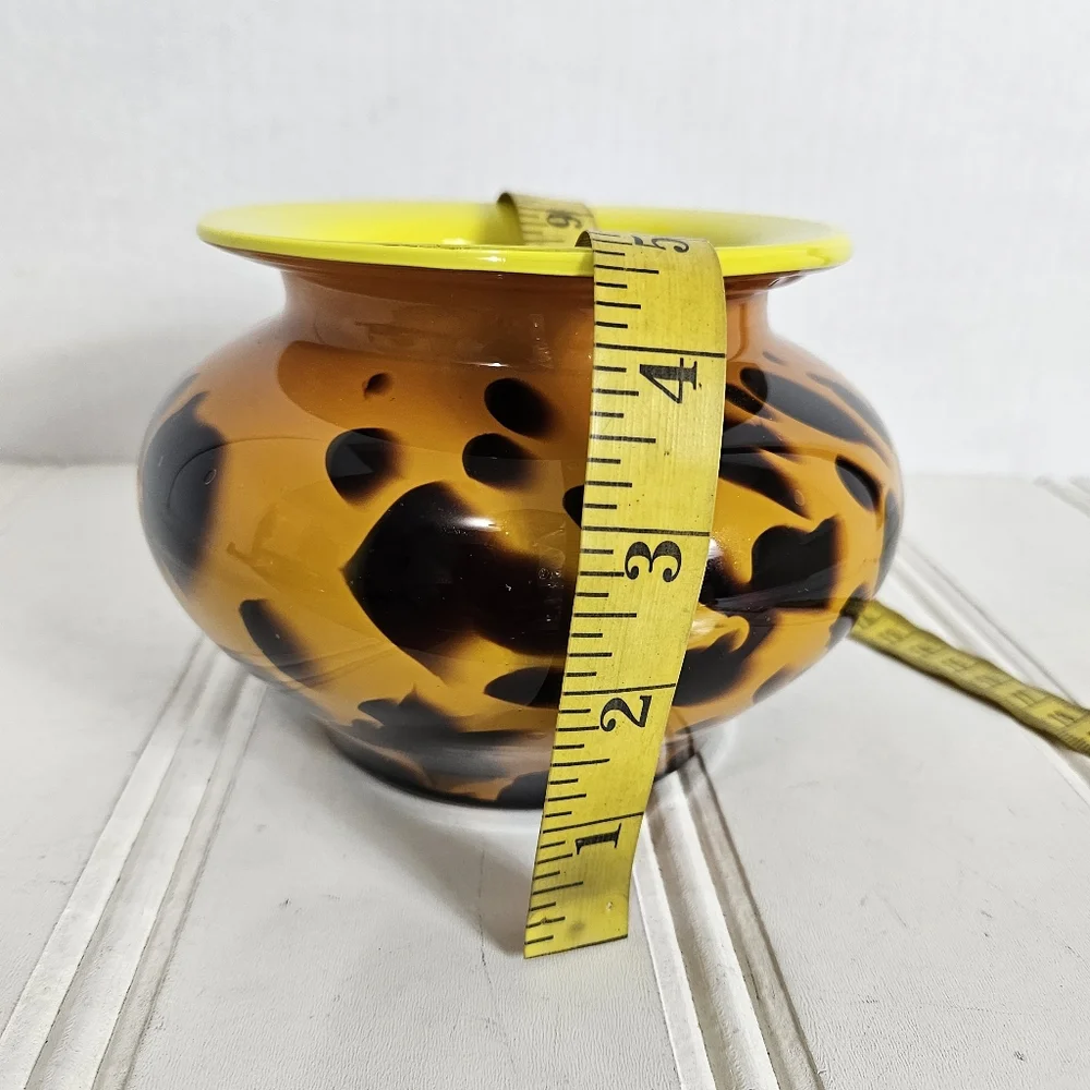 Hand Blown Art Glass Amber Leopard Tortoise Shell Vase Yellow Interior Decor - Picture 9 of 12